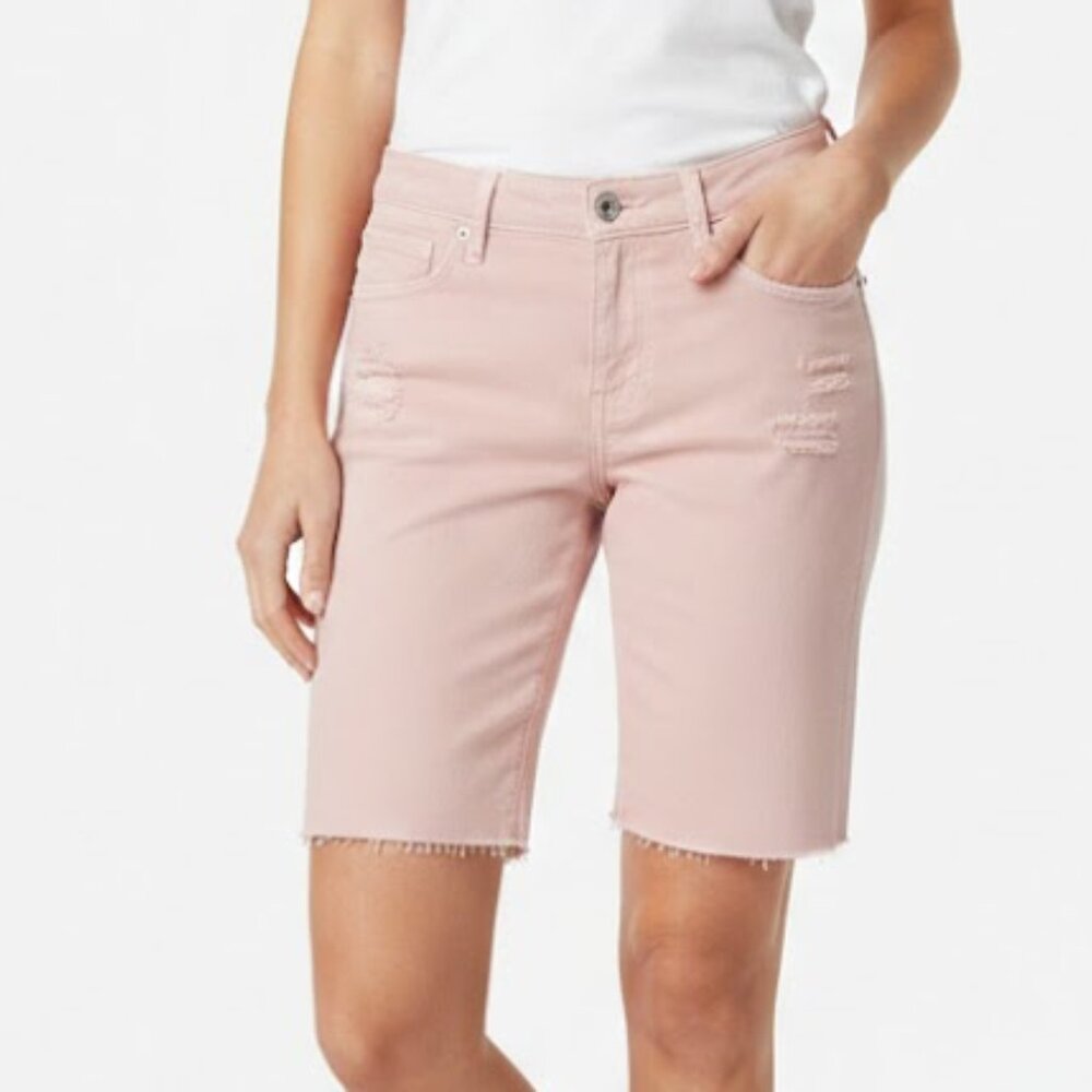 Buffalo David Bitton Women Pink Distressed Denim Bermuda Shorts 12 Mid Rise NWT